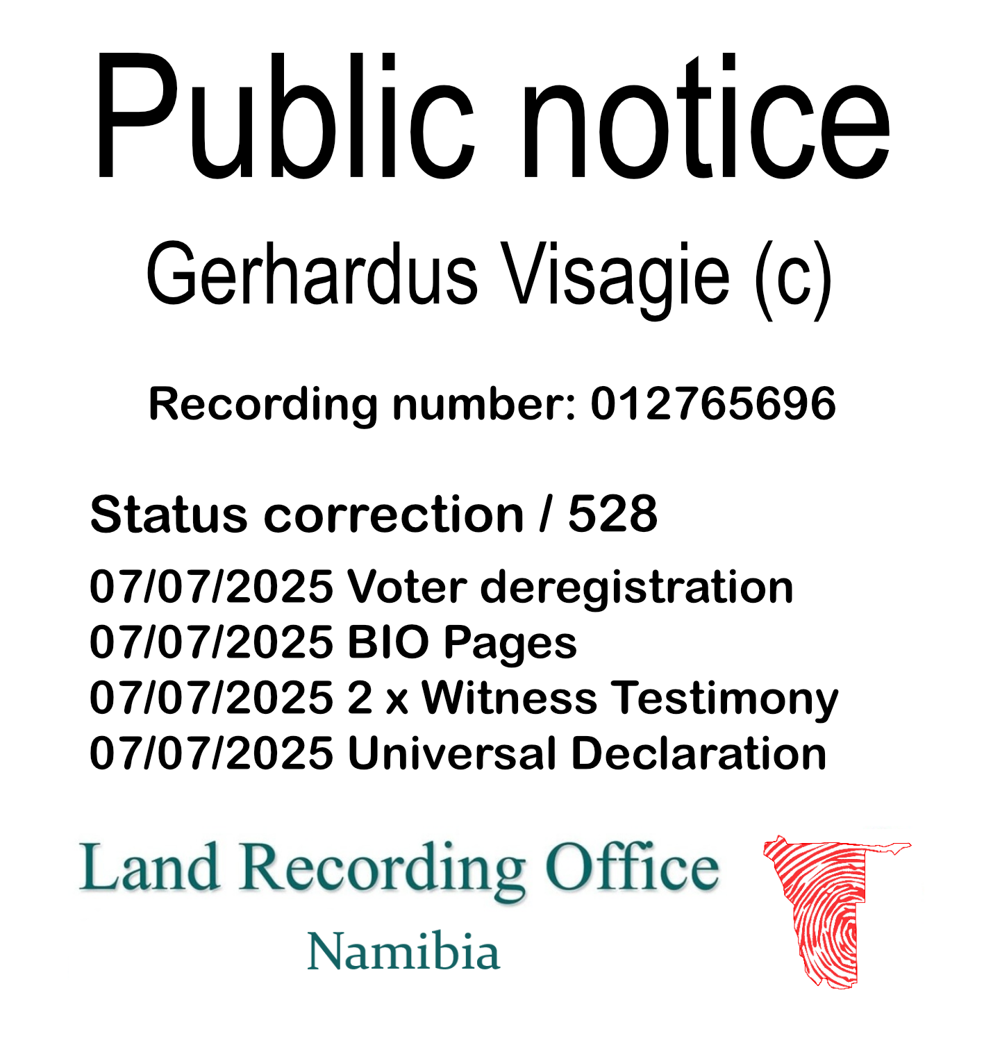 Public notice Gerhardus Visagie (c) Recording number 012765696